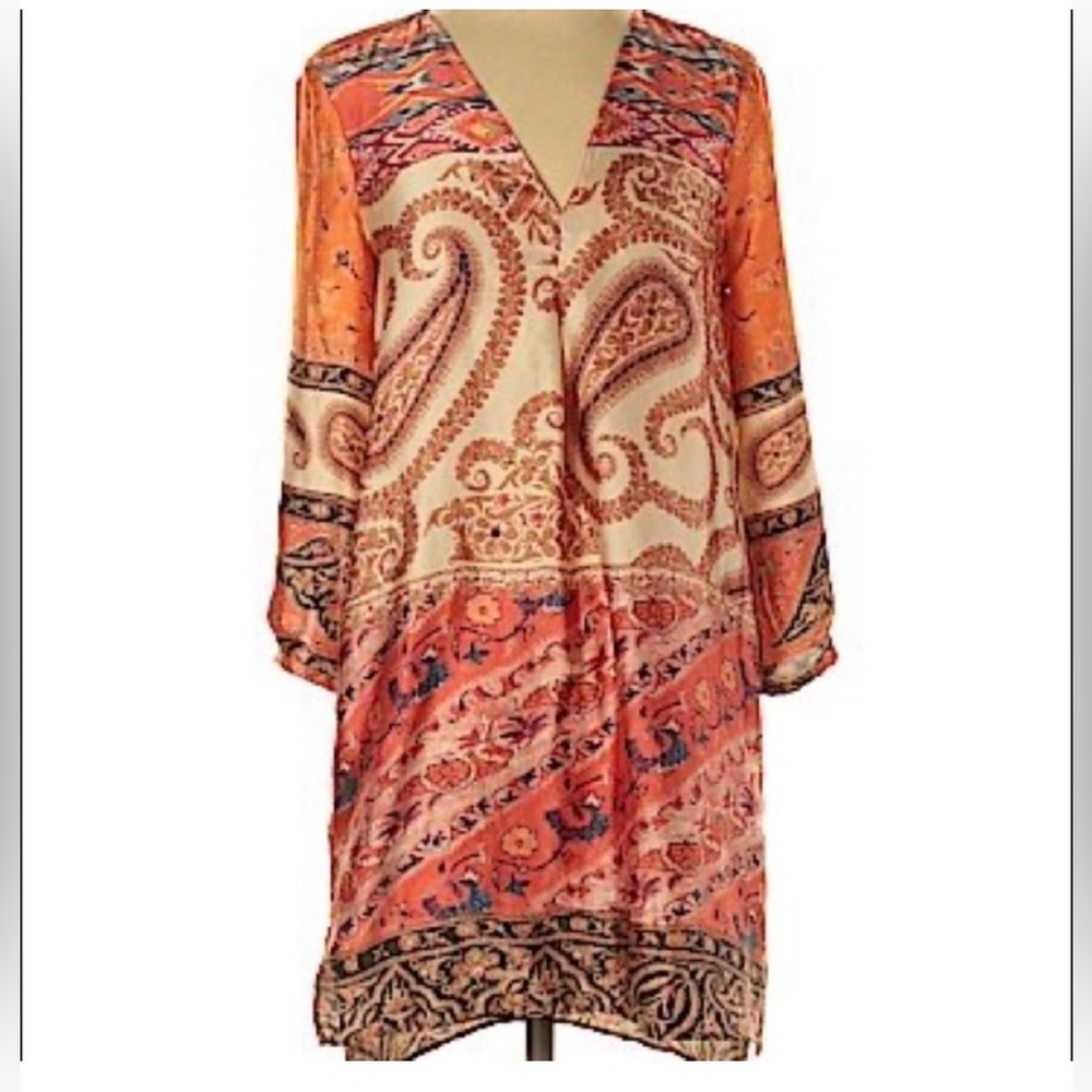 Zara Orange And Black Patterned Silk Dress - Size… - image 1